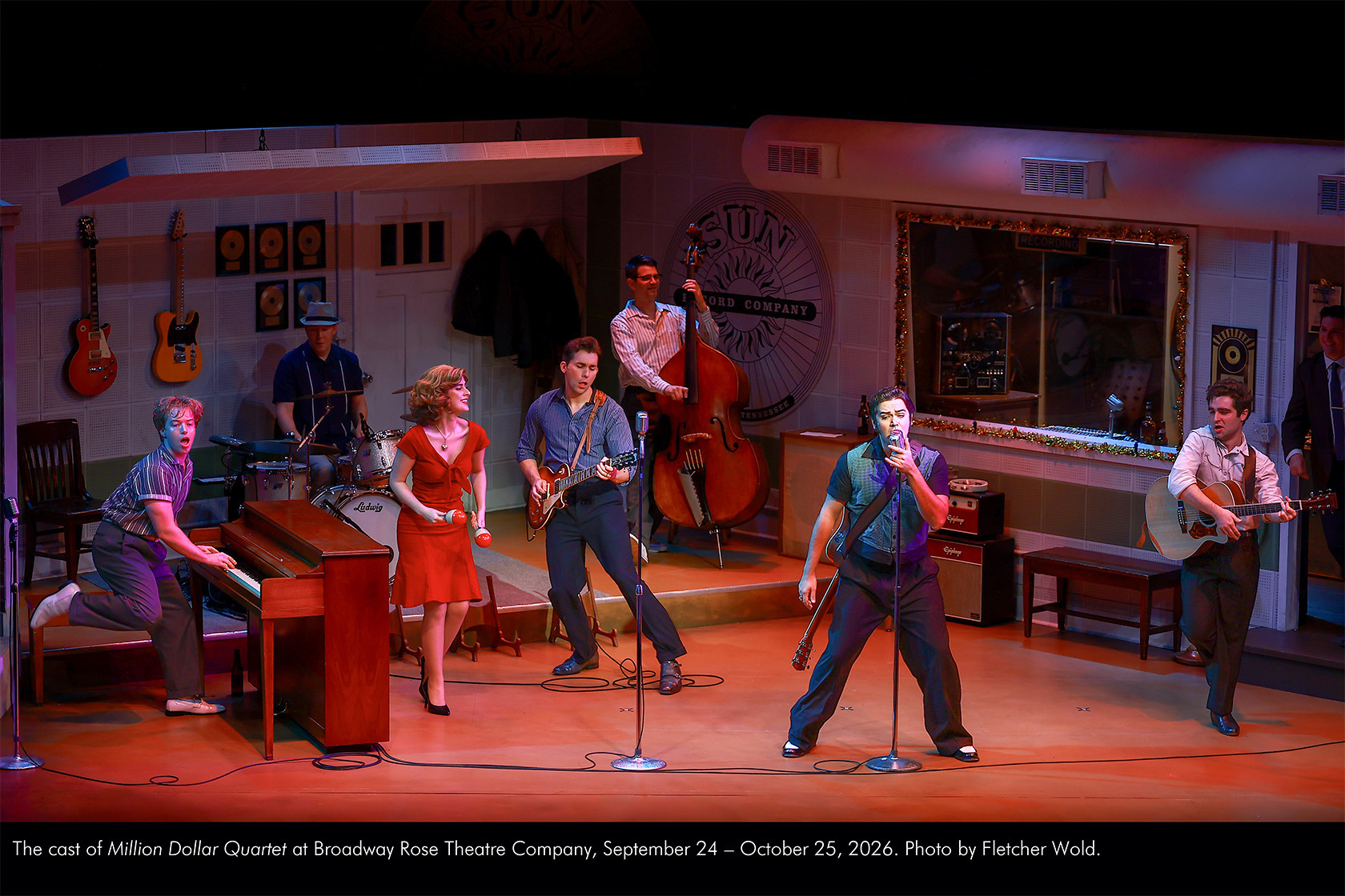 The cast of Million Dollar Quartet at Broadway Rose Theatre Company, September 24 - October 25, 2026. Photo by Fletcher Wold.