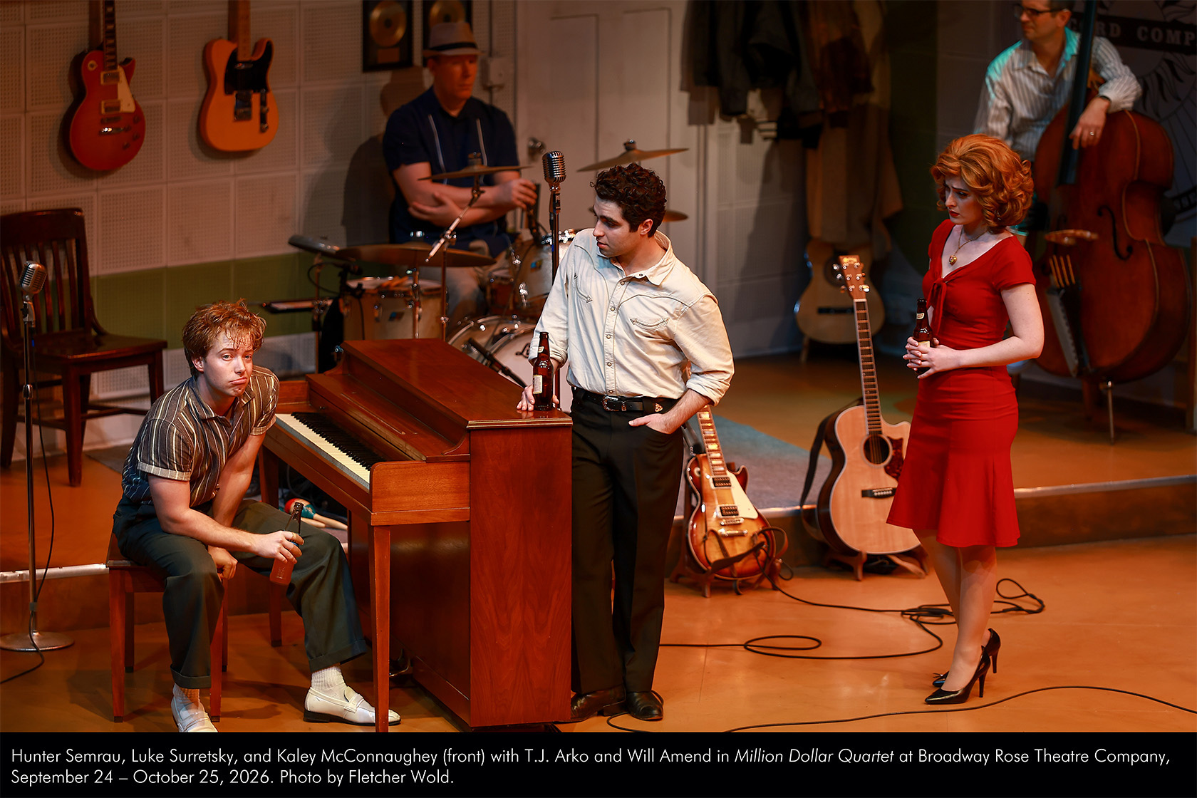 Hunter Semrau, Luke Surretsky, and Kaley McConnaughey (front) with T.J. Arko and Will Amend in Million Dollar Quartet at Broadway Rose Theatre Company, September 24 - October 25, 2026. Photo by Fletcher Wold.