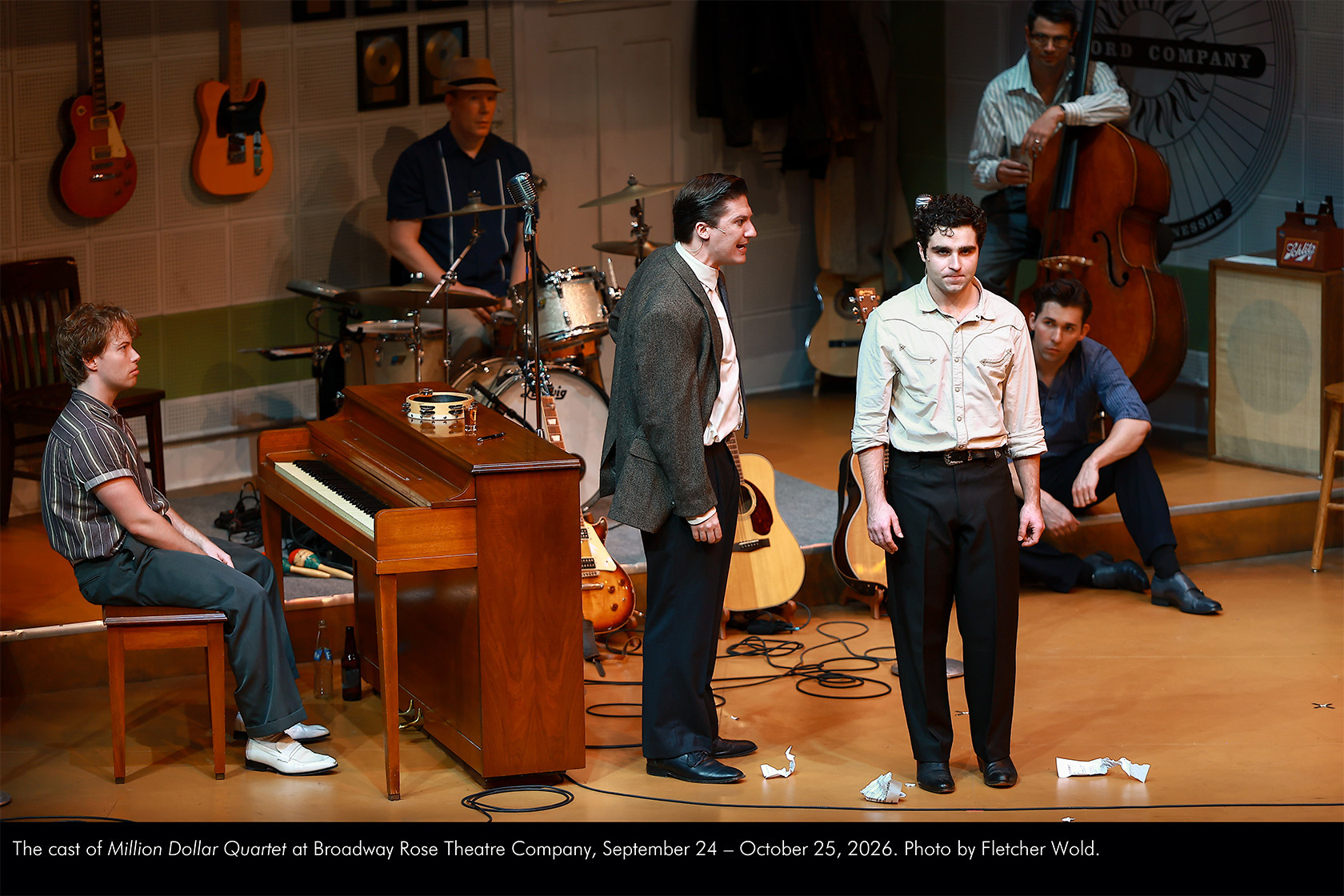 The cast of Million Dollar Quartet at Broadway Rose Theatre Company, September 24 - October 25, 2026. Photo by Fletcher Wold.