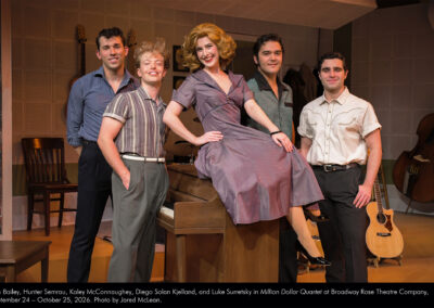 Ben Bailey, Hunter Semrau, Kaley McConnaughey, Diego Solan Kielland, and Luke Surretsky in Million Dollar Quartet at Broadway Rose Theatre Company, September 24 - October 25, 2026. Photo by Jared McLean.